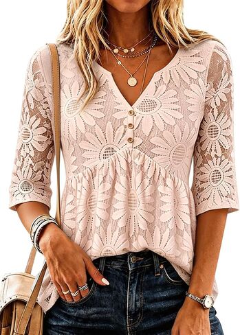 Flamingals Women's V-Neck Three Quarter Length Sleeve Relaxed Fit Floral Print Ruffle Sleeve Casual Elegant Blouses in Kuwait