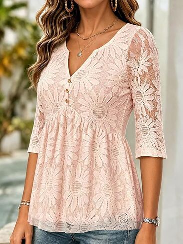 Flamingals Women's V-Neck Three Quarter Length Sleeve Relaxed Fit Floral Print Ruffle Sleeve Casual Elegant Blouses in Kuwait
