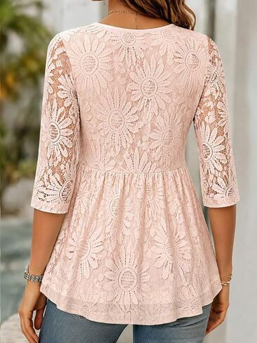 Flamingals Women's V-Neck Three Quarter Length Sleeve Relaxed Fit Floral Print Ruffle Sleeve Casual Elegant Blouses in Kuwait