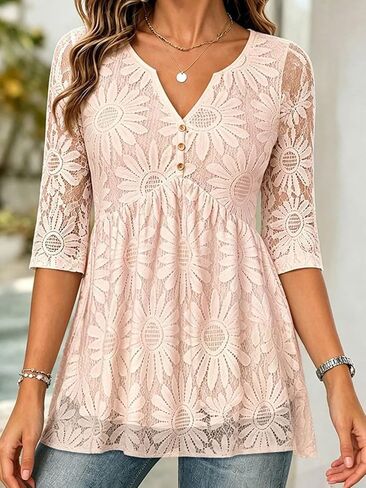 Flamingals Women's V-Neck Three Quarter Length Sleeve Relaxed Fit Floral Print Ruffle Sleeve Casual Elegant Blouses in Kuwait