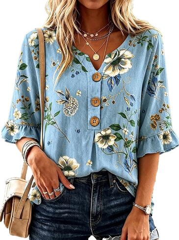 Flamingals Women's V-Neck Three Quarter Length Sleeve Relaxed Fit Floral Print Ruffle Sleeve Casual Elegant Blouses in Kuwait