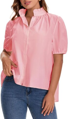 Womens Puff Short Sleeve Button Down Shirts Ruffle Mock Neck Cotton Blouses Dressy Casual Loose Summer Tops in Saudi Arabia