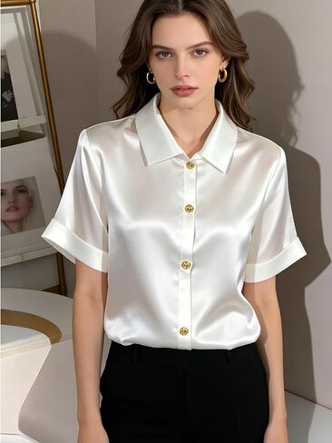 Women's Satin Blouse, Summer Short Sleeve Button Down Formal Shirts, Casual T Shirt Tops for Business Office Work Outfits in Kuwait