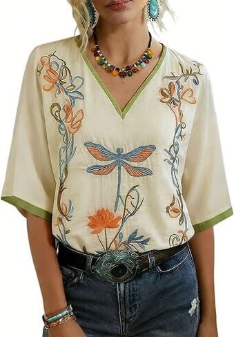 Women's Dragonfly Floral Embroidered Blouse V-Neck Short Sleeve Casual Top in Saudi Arabia