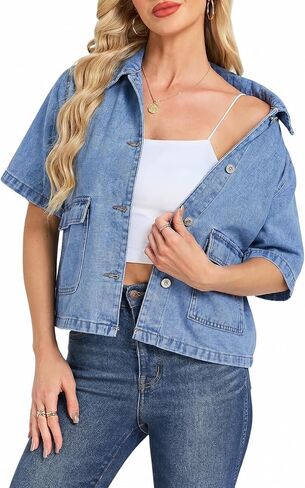 Womens Crop Denim Jacket Summer Short Sleeve Boxy Fit Collared Jean Top with Pockets in Kuwait