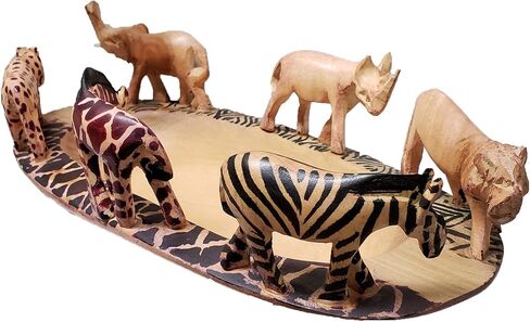 Hand Crafted Decorative Safari Bowl with Meticulously Carved Animals on Rim. Made from native African Jacaranda Wood (Variation 1) in Saudi Arabia
