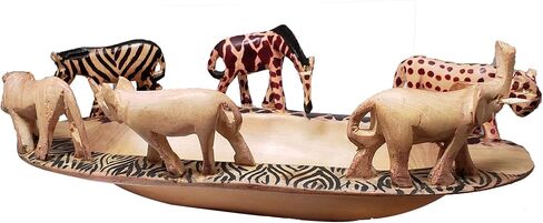 Hand Crafted Decorative Safari Bowl with Meticulously Carved Animals on Rim. Made from native African Jacaranda Wood (Variation 1) in Saudi Arabia