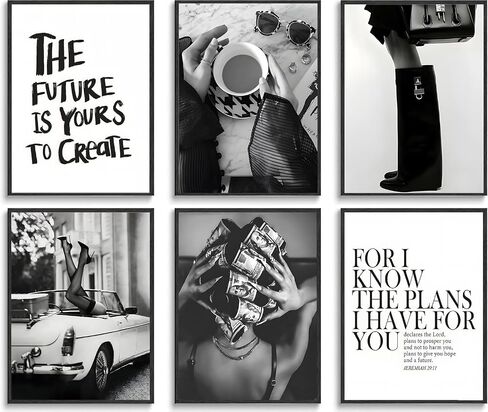 Trendy Black and White Wall Art Luxury Money Hair Rollers Girl Posters High Heels Motivational Quotes Home Decor for Bedroom Living Room Dormitory Modern Aesthetic Pictures Unframed 8x10 Inch in Kuwait