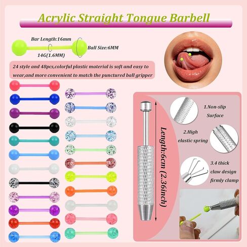 48PCS 14G Glow in Dark Flexible Acrylic Straight Tongue Barbell 16MM Bar Plastic Colorful Nipple Ring Retainer Tongue Body Piercing Jewelry for Women Men in Saudi Arabia