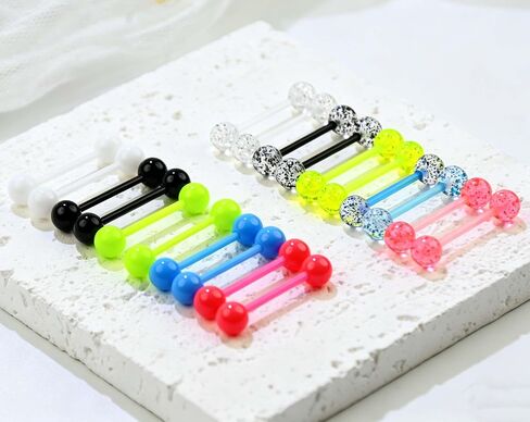 48PCS 14G Glow in Dark Flexible Acrylic Straight Tongue Barbell 16MM Bar Plastic Colorful Nipple Ring Retainer Tongue Body Piercing Jewelry for Women Men in Saudi Arabia