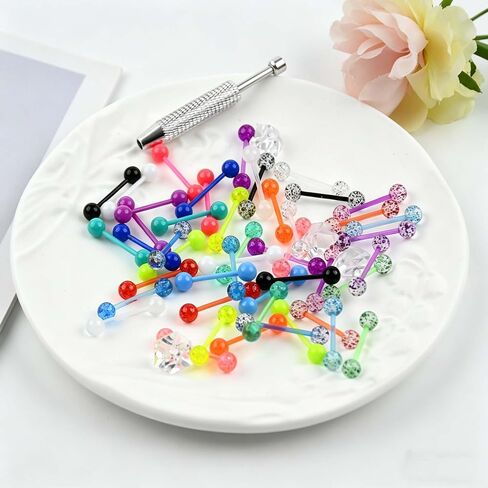 48PCS 14G Glow in Dark Flexible Acrylic Straight Tongue Barbell 16MM Bar Plastic Colorful Nipple Ring Retainer Tongue Body Piercing Jewelry for Women Men in Saudi Arabia