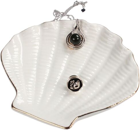 Ceramic Shell Jewelry Dish - Decorative Ring Holder Tray for Earrings Necklace Keys, Cute Trinket Plate for Women Home Decor Gift (White) in Kuwait
