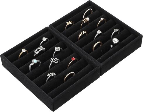 2 Pack Velvet Jewelry Tray Set, Stackable Ring Organizer Tray, Black Mini Jewelries Drawer Organizer, Display Storage Insert Holder for Ring Earrings Jewelry (4.92 x 3.74 x 1 In) in Kuwait