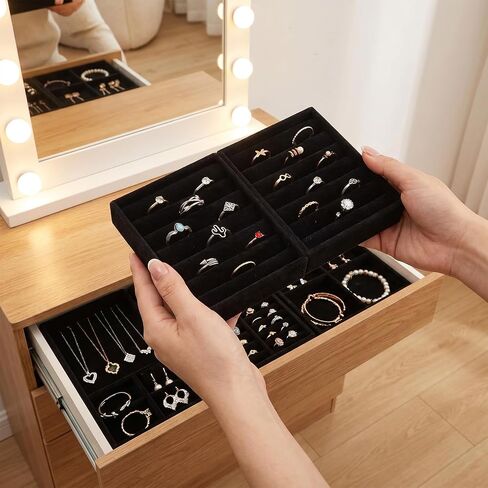 2 Pack Velvet Jewelry Tray Set, Stackable Ring Organizer Tray, Black Mini Jewelries Drawer Organizer, Display Storage Insert Holder for Ring Earrings Jewelry (4.92 x 3.74 x 1 In) in Kuwait