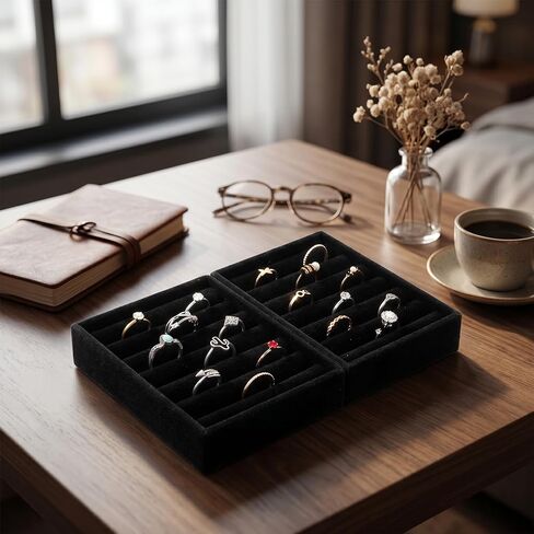 2 Pack Velvet Jewelry Tray Set, Stackable Ring Organizer Tray, Black Mini Jewelries Drawer Organizer, Display Storage Insert Holder for Ring Earrings Jewelry (4.92 x 3.74 x 1 In) in Kuwait