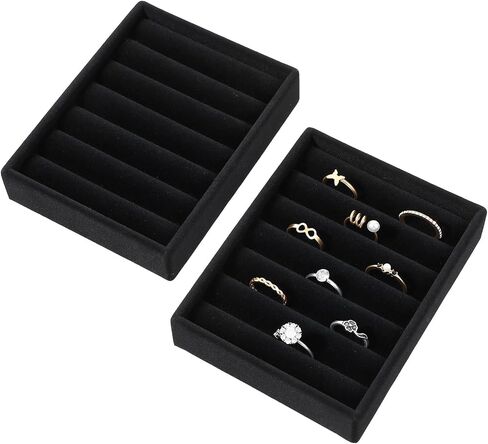 2 Pack Velvet Jewelry Tray Set, Stackable Ring Organizer Tray, Black Mini Jewelries Drawer Organizer, Display Storage Insert Holder for Ring Earrings Jewelry (4.92 x 3.74 x 1 In) in Kuwait