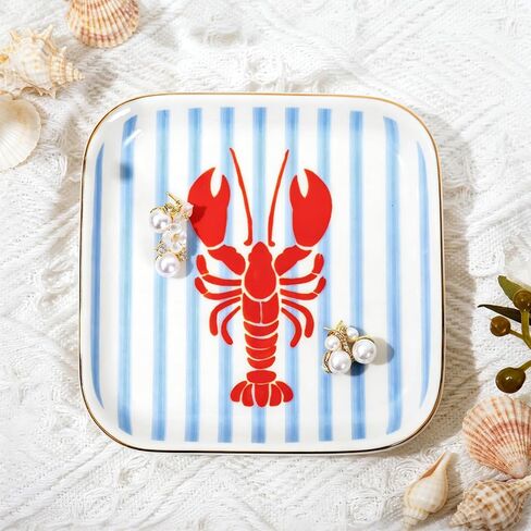 FYSUIMU Crawfish Square Ring Dish Summer Crayfish Stripe Ceramic Jewelry Tray Watercolor Red Blue Lobster Trinket Dish for Women Birthday Seafood Boil Themed Party Supplies in Kuwait