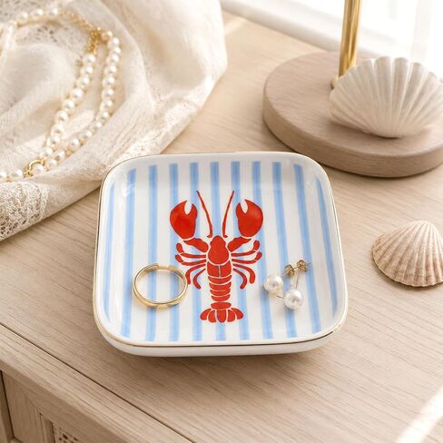 FYSUIMU Crawfish Square Ring Dish Summer Crayfish Stripe Ceramic Jewelry Tray Watercolor Red Blue Lobster Trinket Dish for Women Birthday Seafood Boil Themed Party Supplies in Kuwait