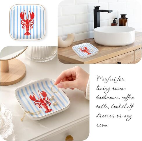 FYSUIMU Crawfish Square Ring Dish Summer Crayfish Stripe Ceramic Jewelry Tray Watercolor Red Blue Lobster Trinket Dish for Women Birthday Seafood Boil Themed Party Supplies in Kuwait