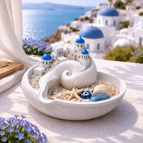 Hand-Painted Santorini Catchall Bowl – 6-Inch Limited Edition Coastal Decor Tray for Keys, Jewelry, Change | Ceramic Trinket Dish for Entryway, Nightstand, or Bathroom | Artisan Gift for Beach Lovers in Kuwait