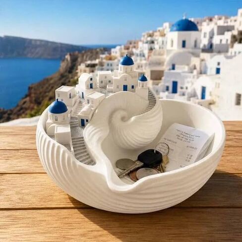 Hand-Painted Santorini Catchall Bowl – 6-Inch Limited Edition Coastal Decor Tray for Keys, Jewelry, Change | Ceramic Trinket Dish for Entryway, Nightstand, or Bathroom | Artisan Gift for Beach Lovers in Kuwait