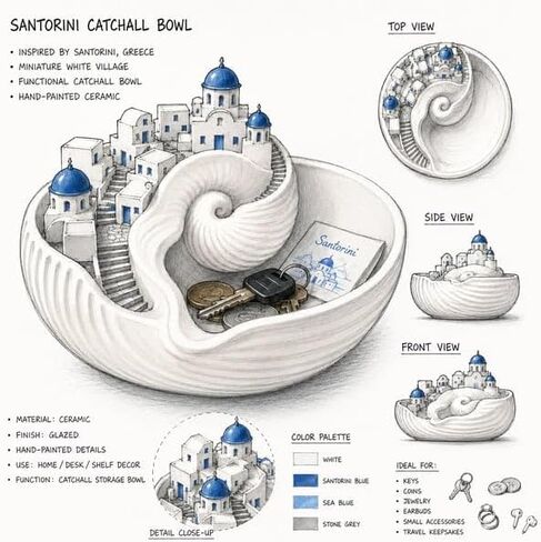 Hand-Painted Santorini Catchall Bowl – 6-Inch Limited Edition Coastal Decor Tray for Keys, Jewelry, Change | Ceramic Trinket Dish for Entryway, Nightstand, or Bathroom | Artisan Gift for Beach Lovers in Kuwait
