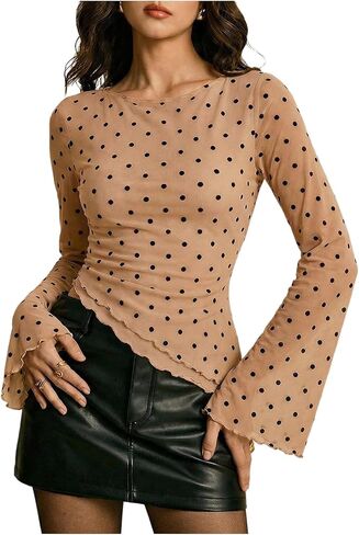 RoseSeek Women's Y2k Polka Dots Mesh Shirts Long Bell Sleeve Top Boat Neck Ruched Going Out Tops Summer Outfits in Saudi Arabia
