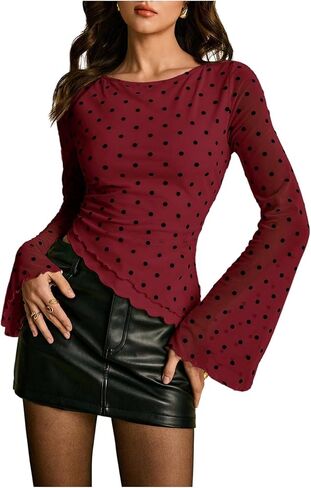 RoseSeek Women's Y2k Polka Dots Mesh Shirts Long Bell Sleeve Top Boat Neck Ruched Going Out Tops Summer Outfits in Saudi Arabia