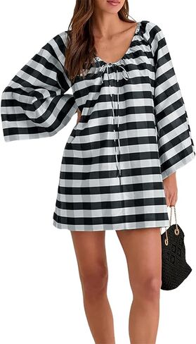 Women's Boho Dress Gingham Bell Sleeve Tie Neck Shift Dress Beach Cover Up Mini Dress(Black-XL) in Saudi Arabia