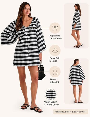 Women's Boho Dress Gingham Bell Sleeve Tie Neck Shift Dress Beach Cover Up Mini Dress(Black-XL) in Saudi Arabia