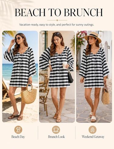 Women's Boho Dress Gingham Bell Sleeve Tie Neck Shift Dress Beach Cover Up Mini Dress(Black-XL) in Saudi Arabia