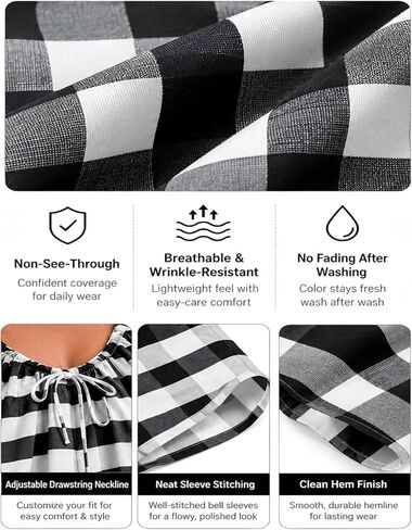 Women's Boho Dress Gingham Bell Sleeve Tie Neck Shift Dress Beach Cover Up Mini Dress(Black-XL) in Saudi Arabia