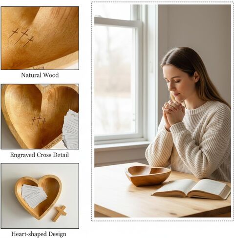 Prayer Bowl with 24 Blessing Cards,Christian Gifts for Women Men, Heart Wood Prayer Dough Bowl, Decor Bowl, Mothers Day Gifts, Birthday, Retirement, Religious Gift for Mom Dad with Storage Bag in Saudi Arabia