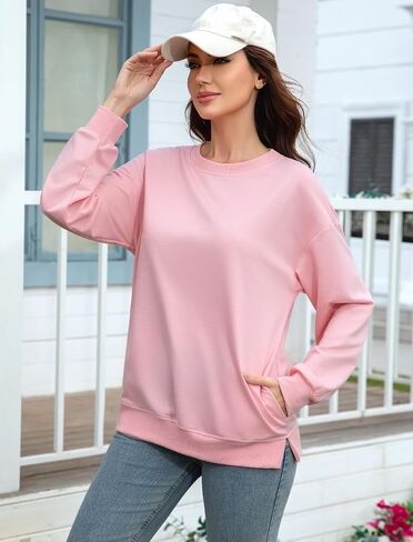 سويت شيرت حريمي برقبة دائرية، سويت شيرت كاجوال خفيف الوزن، بلوفر أنيق بأكمام طويلة مع جيوب in Kuwait