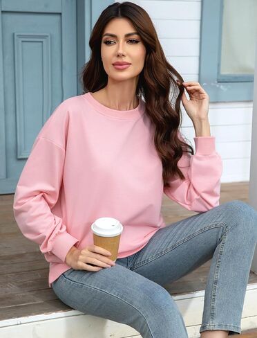 سويت شيرت حريمي برقبة دائرية، سويت شيرت كاجوال خفيف الوزن، بلوفر أنيق بأكمام طويلة مع جيوب in Kuwait