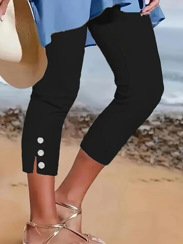 Women's Capri Leggings, High Waist Stretchy Cropped Pants with Button Detail, Casual Slim Fit Trousers for Daily Wear in Saudi Arabia