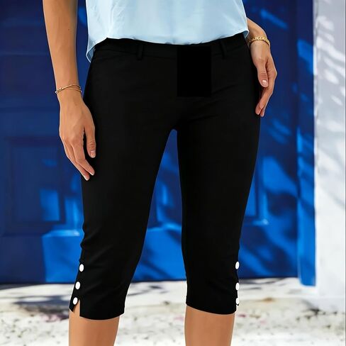 Women's Capri Leggings, High Waist Stretchy Cropped Pants with Button Detail, Casual Slim Fit Trousers for Daily Wear in Saudi Arabia