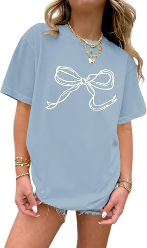 Bow Shirts for Girls Graphic Cute Shirt for Teens Preppy Aesthetic Tshirt Girls' Summer Casual Coquette Tops(Lightgrayblue,XLarge) in Saudi Arabia