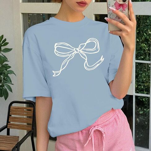Bow Shirts for Girls Graphic Cute Shirt for Teens Preppy Aesthetic Tshirt Girls' Summer Casual Coquette Tops(Lightgrayblue,XLarge) in Saudi Arabia
