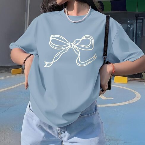 Bow Shirts for Girls Graphic Cute Shirt for Teens Preppy Aesthetic Tshirt Girls' Summer Casual Coquette Tops(Lightgrayblue,XLarge) in Saudi Arabia