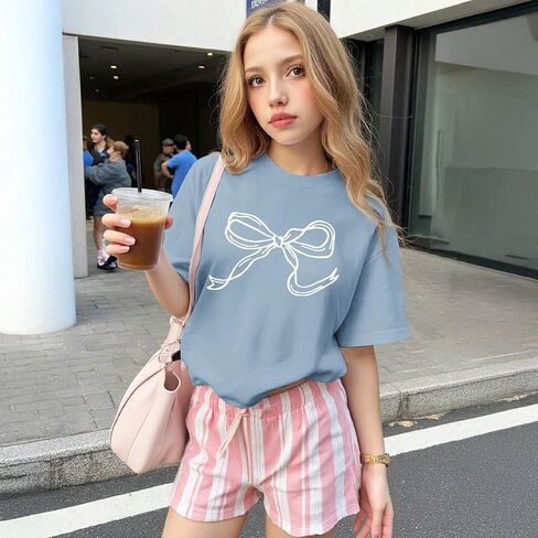 Bow Shirts for Girls Graphic Cute Shirt for Teens Preppy Aesthetic Tshirt Girls' Summer Casual Coquette Tops(Lightgrayblue,XLarge) in Saudi Arabia