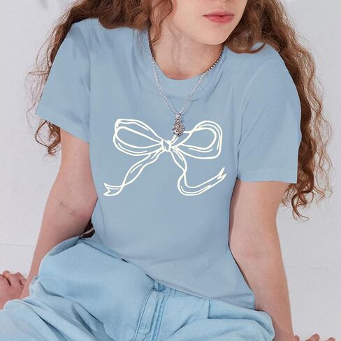 Bow Shirts for Girls Graphic Cute Shirt for Teens Preppy Aesthetic Tshirt Girls' Summer Casual Coquette Tops(Lightgrayblue,XLarge) in Saudi Arabia