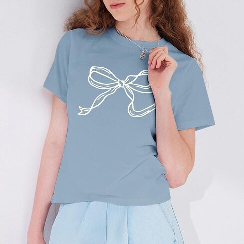 Bow Shirts for Girls Graphic Cute Shirt for Teens Preppy Aesthetic Tshirt Girls' Summer Casual Coquette Tops(Lightgrayblue,XLarge) in Saudi Arabia