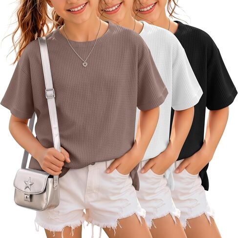 3 Pack Girls Short Sleeve Oversized Waffle Knit T Shirts Kids Crewneck Side Slit Tops Casual Loose Teen Tees 5-14Y in Kuwait