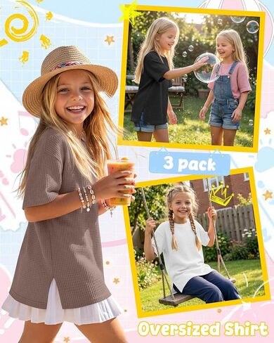 3 Pack Girls Short Sleeve Oversized Waffle Knit T Shirts Kids Crewneck Side Slit Tops Casual Loose Teen Tees 5-14Y in Kuwait
