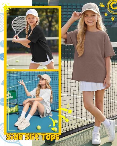3 Pack Girls Short Sleeve Oversized Waffle Knit T Shirts Kids Crewneck Side Slit Tops Casual Loose Teen Tees 5-14Y in Kuwait