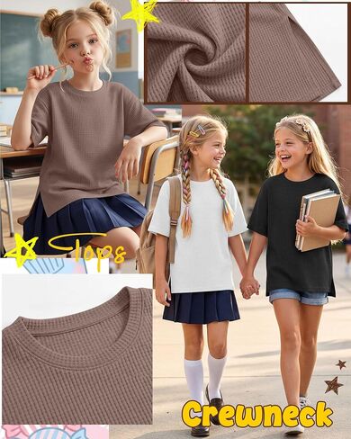 3 Pack Girls Short Sleeve Oversized Waffle Knit T Shirts Kids Crewneck Side Slit Tops Casual Loose Teen Tees 5-14Y in Kuwait