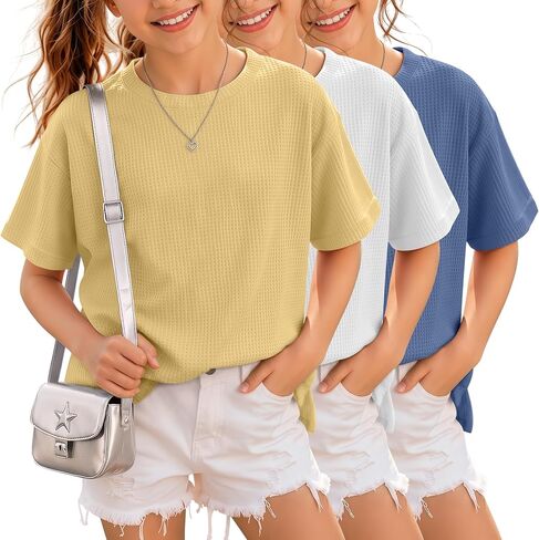 3 Pack Girls Short Sleeve Oversized Waffle Knit T Shirts Kids Crewneck Side Slit Tops Casual Loose Teen Tees 5-14Y in Kuwait