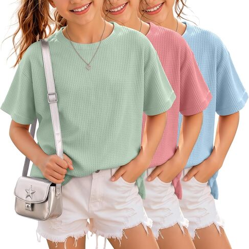 3 Pack Girls Short Sleeve Oversized Waffle Knit T Shirts Kids Crewneck Side Slit Tops Casual Loose Teen Tees 5-14Y in Kuwait