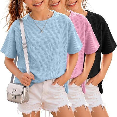 3 Pack Girls Short Sleeve Oversized Waffle Knit T Shirts Kids Crewneck Side Slit Tops Casual Loose Teen Tees 5-14Y in Kuwait